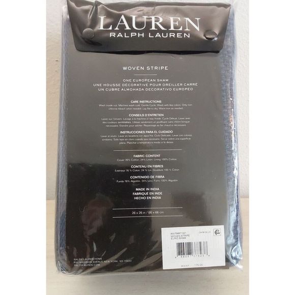 Ralph Lauren WOVEN STRIPE Dark Blue Cotton Linen European Euro Pillow Sham - Picture 7 of 8